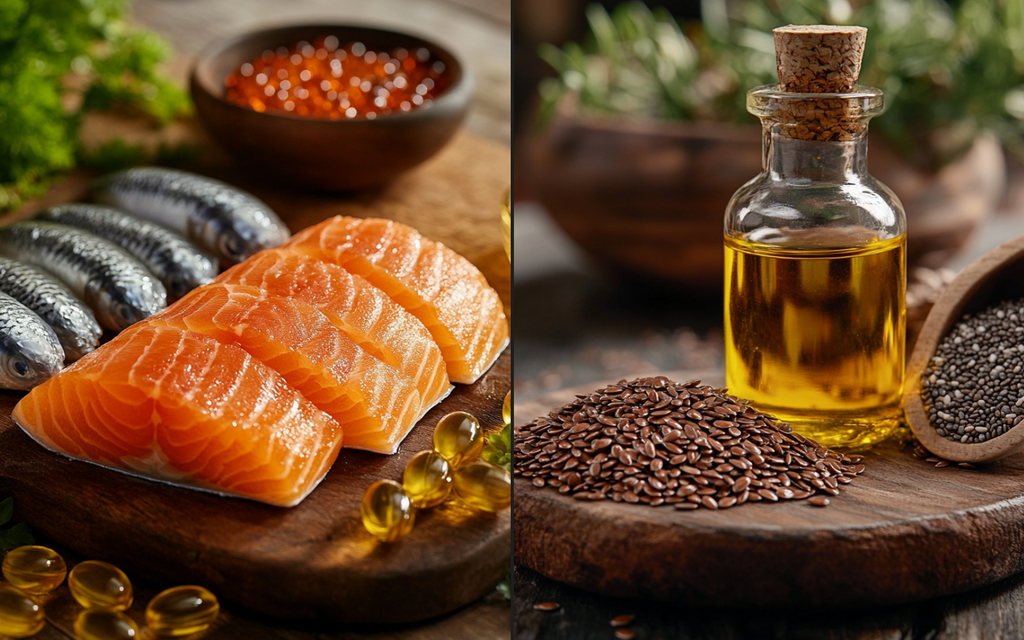 Comparison of Omega-3 sources: fresh salmon fillets and sardines on the left representing fish oil, and flaxseeds with a bottle of flax oil on the right representing plant-based Omega-3.
