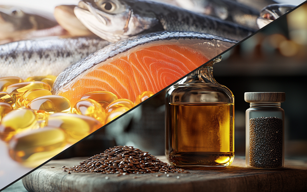 Split image comparing sources of Omega-3: fresh fish and fish oil capsules on the left representing fish oil, and flaxseeds with a bottle of flax oil on the right representing plant-based Omega-3 sources.