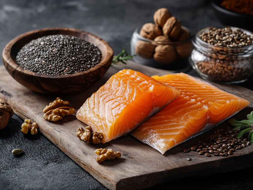 A variety of Omega-3-rich foods including fresh salmon fillets, chia seeds, walnuts, and flaxseeds, representing both EPA/DHA and ALA sources of Omega-3 fatty acids.