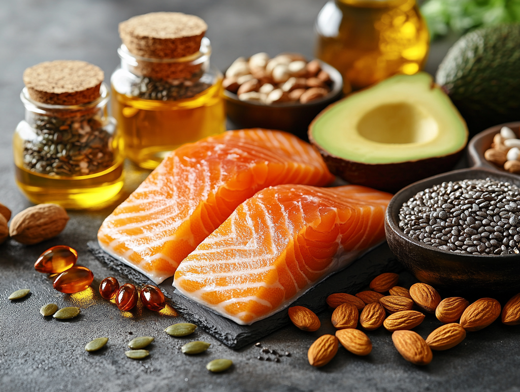 Assorted sources of Omega-3 fatty acids including salmon fillets, chia seeds, flax oil, avocados, and nuts, showcasing natural and healthy options for boosting Omega-3 intake.