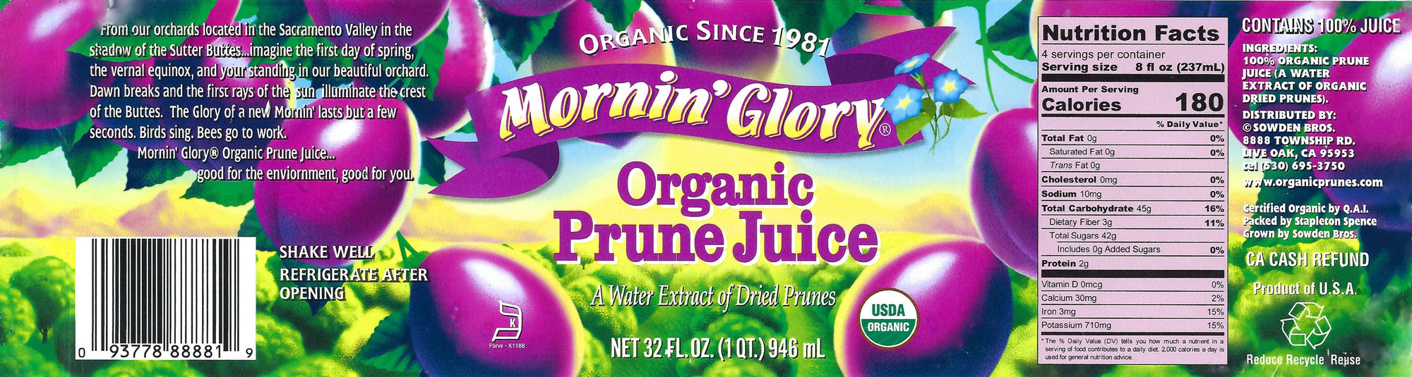 【Mornin'Glory 】Organic Prune Juice 946mL X 4 (FOUR Bottles) | 100% Pure Organic | Never from Concentrate | Juice for Constipation | Best Taste