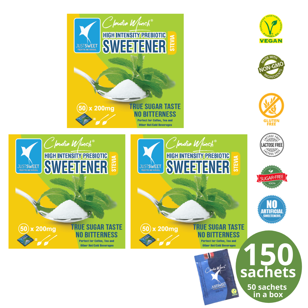 【PERFECT FOR HOT/COLD BEVERAGES】JustSweet Premium Prebiotic Stevia Sweetener 50 sachets X 3 |  With Prebiotic Fiber | Sugar Free | Suitable for Diabetes | 100% Natural