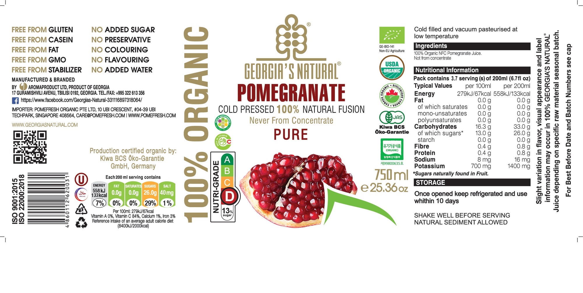 [Georgia's Natural] Pomegranate Juice 750mLX2 Bottles | 100% Pure Organic | PREMIUM