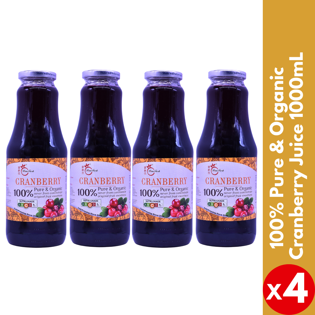 【PomeFresh】100% Pure Organic Cranberry Juice | 1000mLX4 Bottles | Never from Concentrate | Juice for UTI