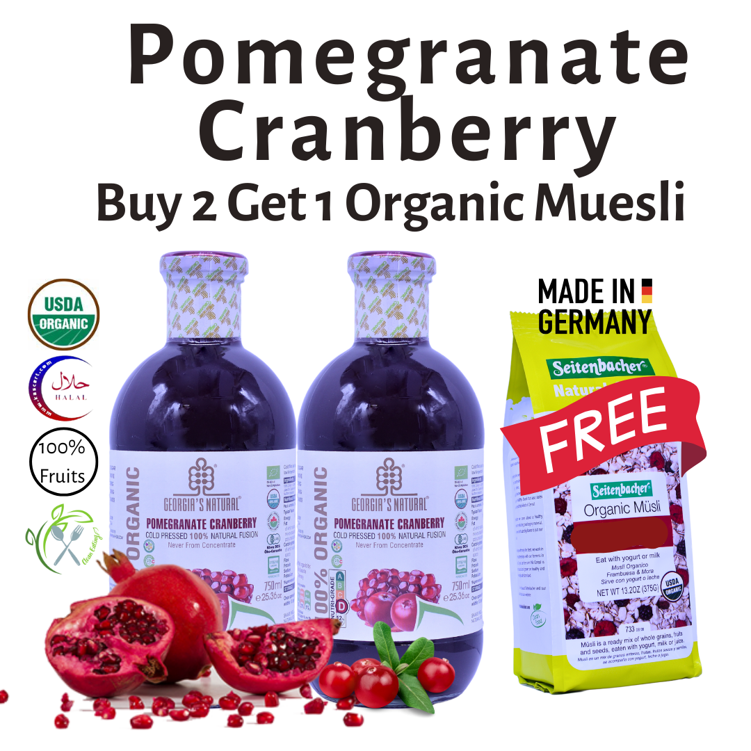 [Georgia's Natural] Pomegranate Cranberry Juice 750mL X 2 bottles | Buy 2 Get 1 FREE Organic Muesli | 100% Pure Organic | NEVER From Concentrate | Premium Pure Fruit Juice