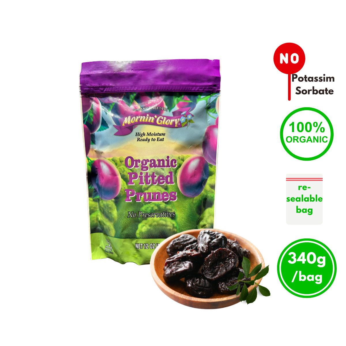 【Mornin'Glory 】Organic Pitted Prunes 340g | Non-sorbate | 100% Pure Organic | Healthy snacks for constipation| Best Taste