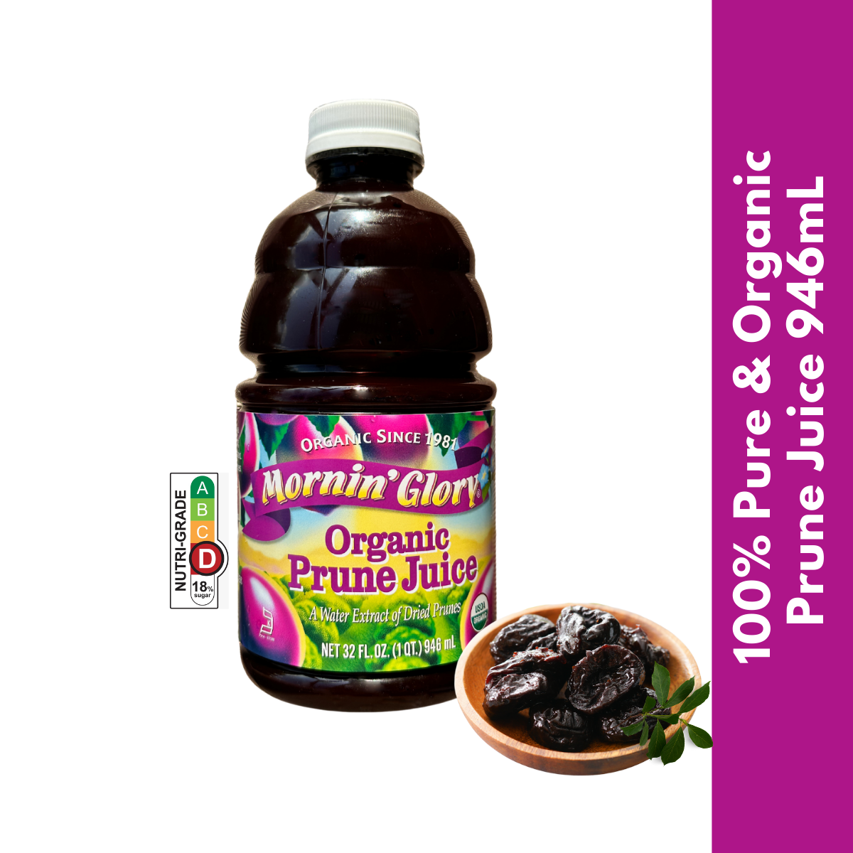 【Mornin'Glory 】Organic Prune Juice 946mL | 100% Pure Organic | Never from Concentrate | Juice for Constipation | Best Taste