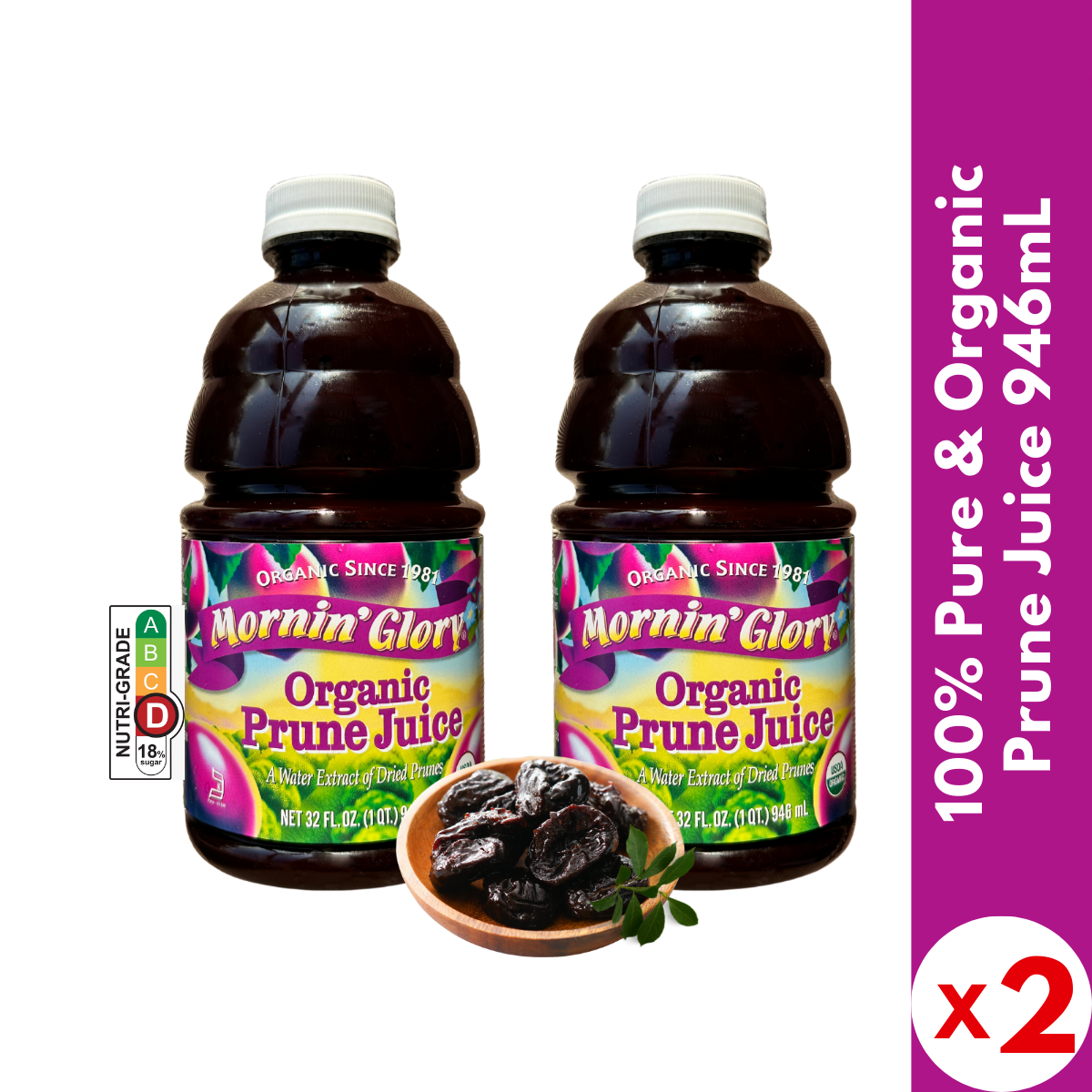 【Mornin'Glory 】Organic Prune Juice 946mL X 2 (TWO Bottles) | 100% Pure Organic | Never from Concentrate | Juice for Constipation | Best Taste