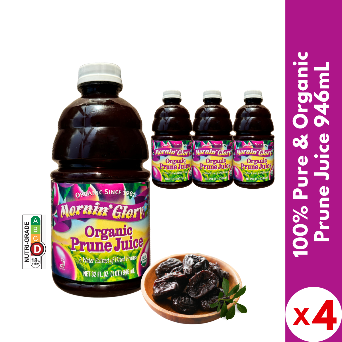 【Mornin'Glory 】Organic Prune Juice 946mL X 4 (FOUR Bottles) | 100% Pure Organic | Never from Concentrate | Juice for Constipation | Best Taste