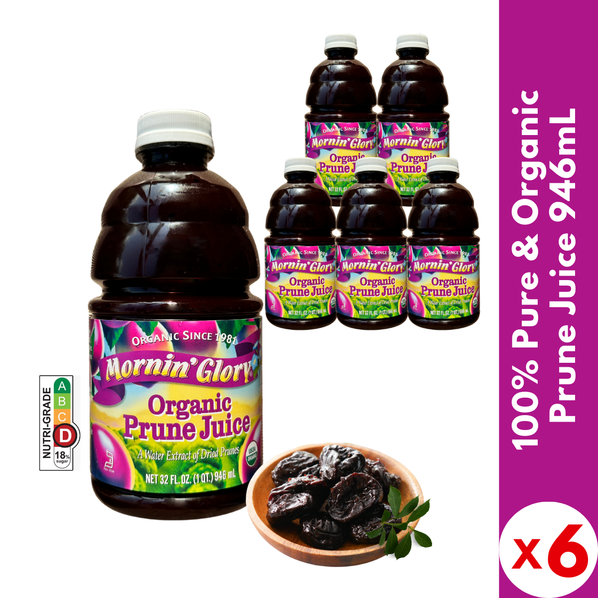 【Mornin'Glory 】Organic Prune Juice 946mL X 6 (SIX Bottles) | 100% Pure Organic | Never from Concentrate | Juice for Constipation | Best Taste