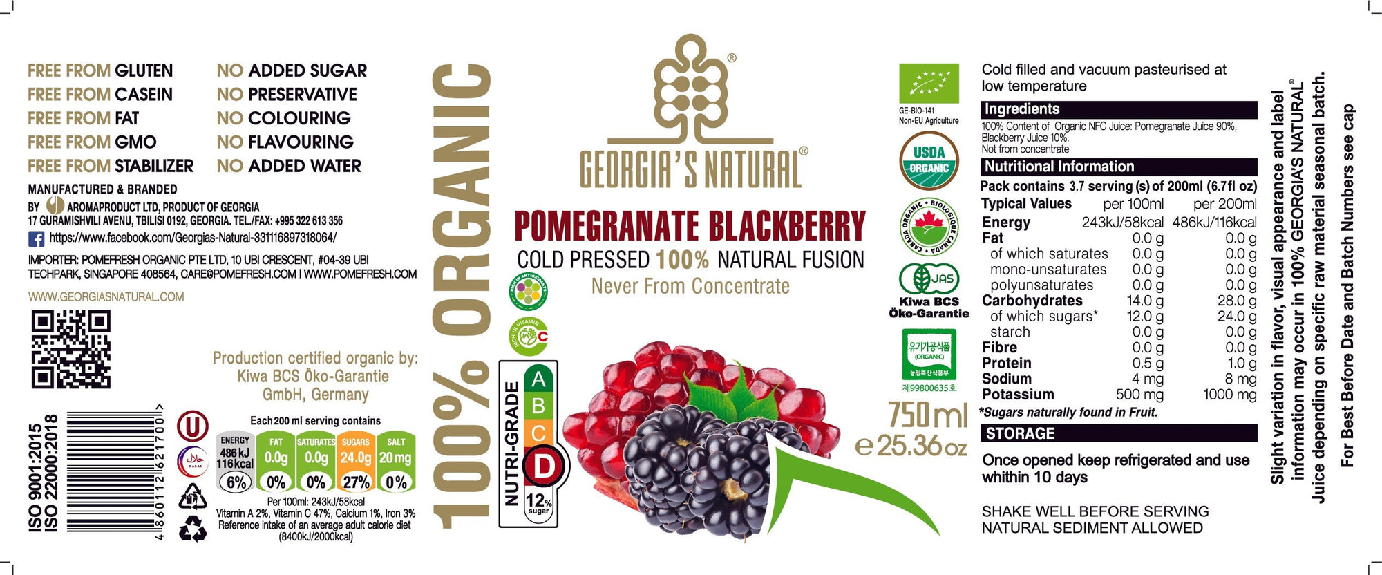 [Georgia's Natural] Pomegranate Blackberry 750mLX 6 Bottles | 100% Pure Organic | PREMIUM