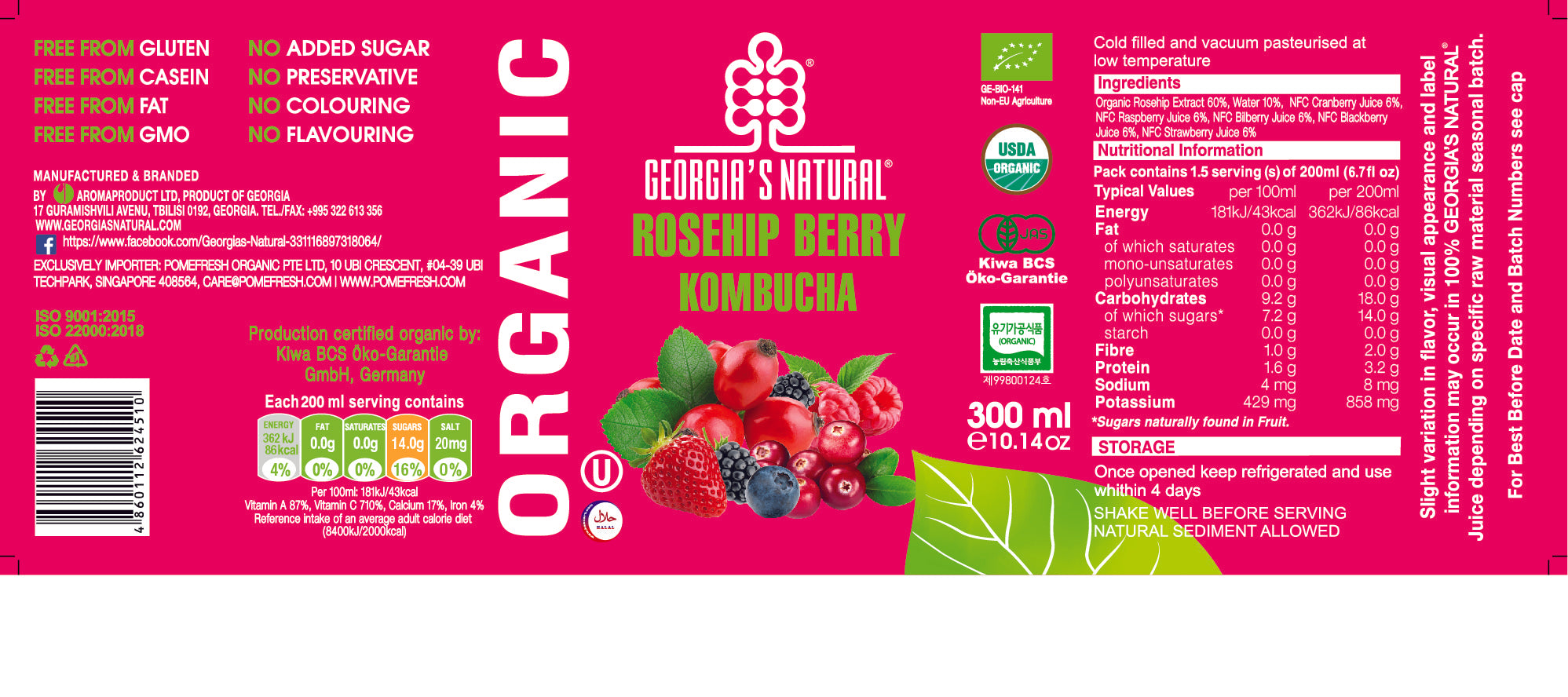 【Georgia's Natural】Organic Kombucha MIX 12 | 300mL X 12 bottles | Rosehip, Ginger Turmeric, Berry (3 Types, 4 Bottles Each Type) | Immunity Booster | Detoxifying | Beautiful Skin