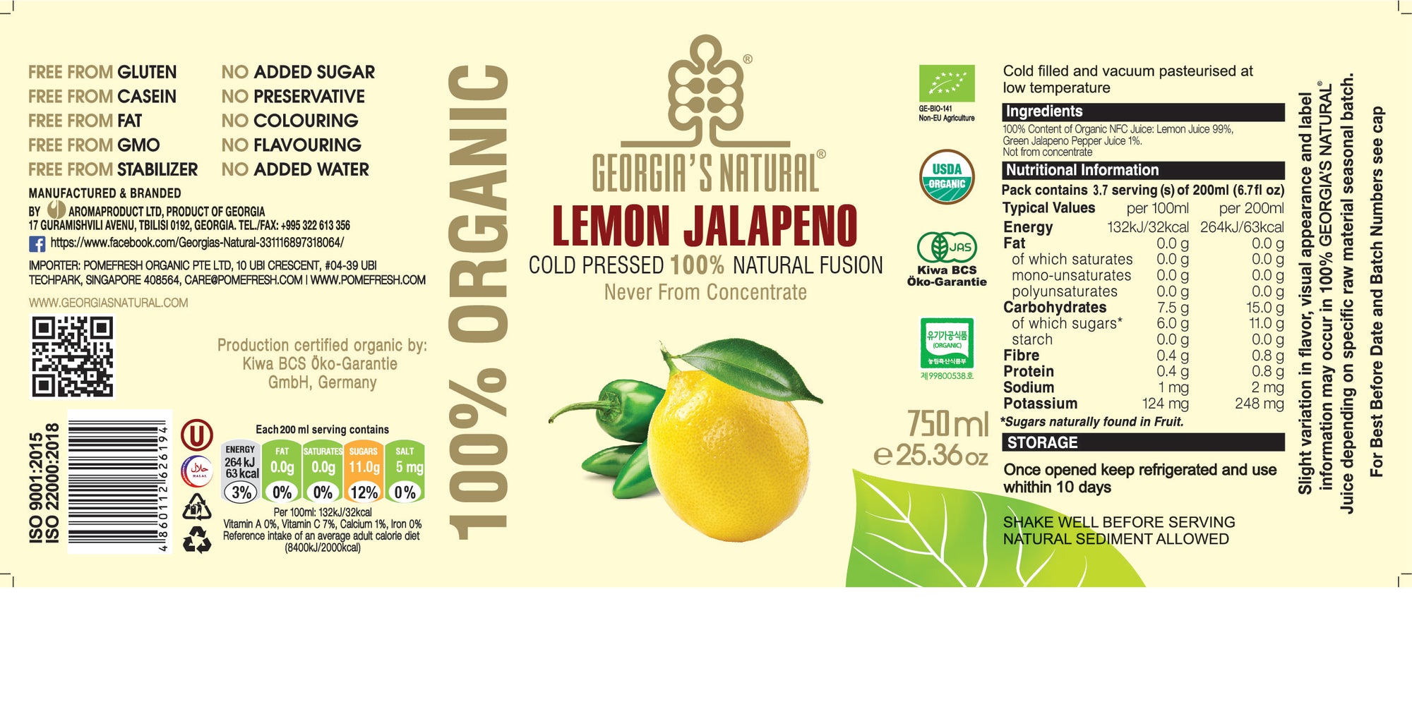 【Georgia's Natural】Lemon Jalapeno 750mL | 100% Pure Organic | Best of Both Worlds