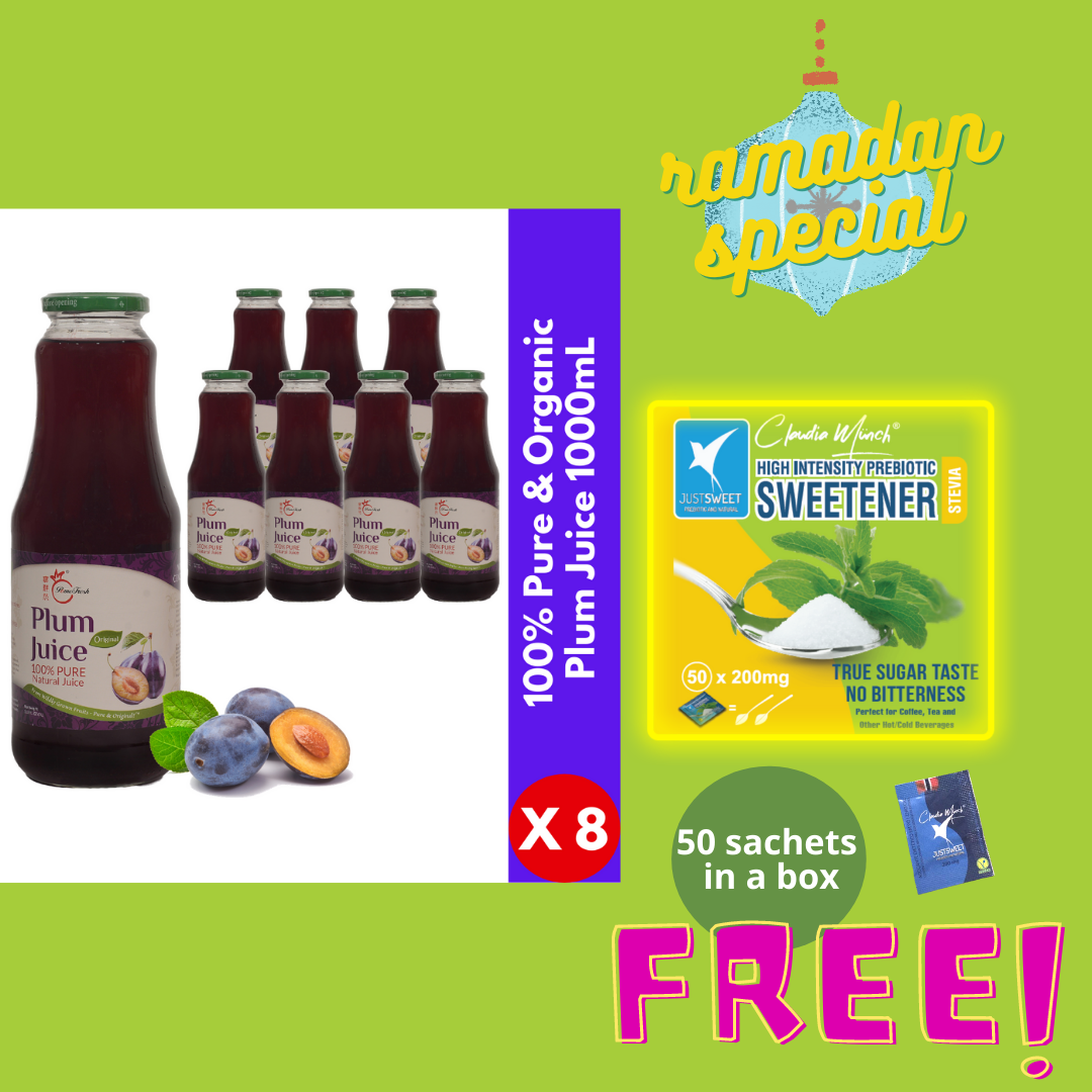 【Ramadan Bundle】- FREE One Box Pure Natural Stevia Sweetener (50 Sachets) | Buy 1 Carton 100% Pure Organic Plum Juice
