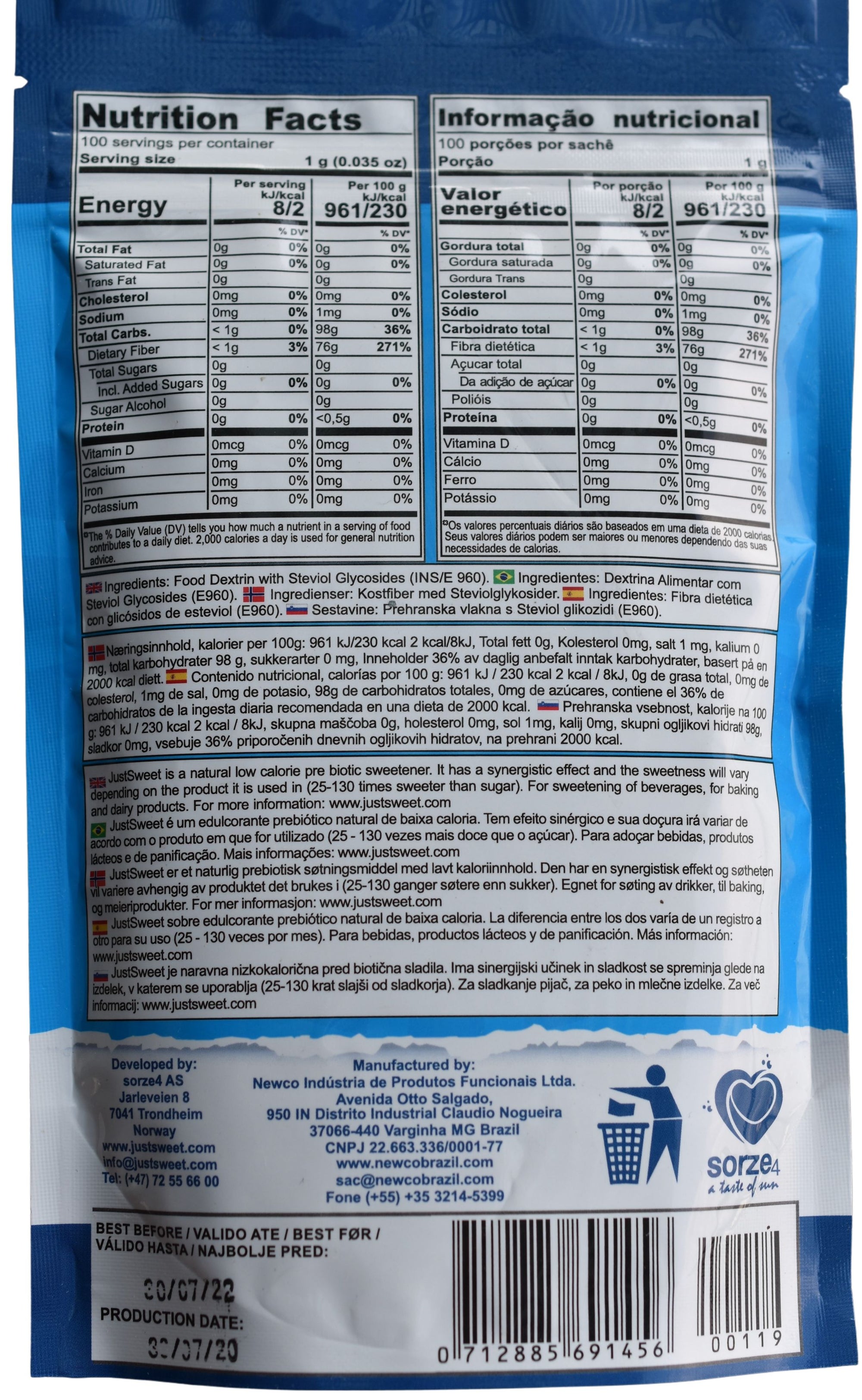 【Short Expiry - Dec 2022】JustSweet Original Prebiotic Stevia Sweetener 100g