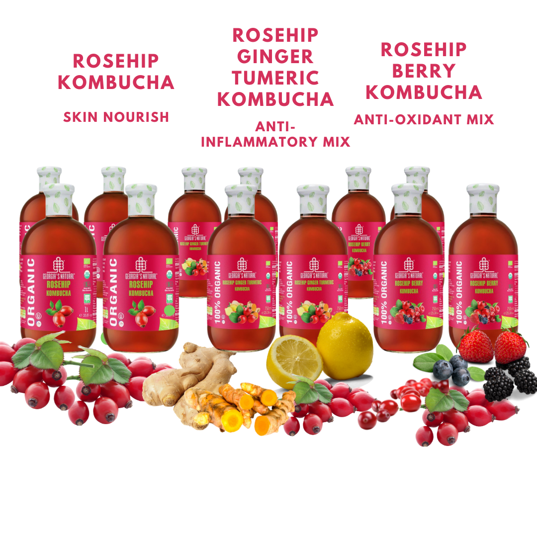 【Georgia's Natural】Organic Kombucha MIX 12 | 300mL X 12 bottles | Rosehip, Ginger Turmeric, Berry (3 Types, 4 Bottles Each Type) | Immunity Booster | Detoxifying | Beautiful Skin