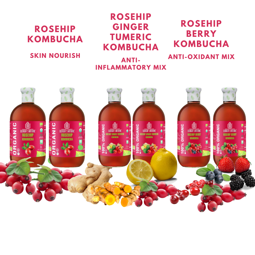 【Georgia's Natural】Organic Kombucha MIX 6 | 300mL X 6 bottles | Rosehip, Ginger Turmeric, Berry (3 Types, 2 Bottles Each Type) | Immunity Booster | Detoxifying | Beautiful Skin