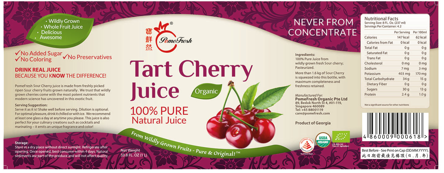 PomeFresh 100% Pure Organic Tart Cherry Juice 1 Carton (1L X 8) - PomeFresh Organic Pte Ltd